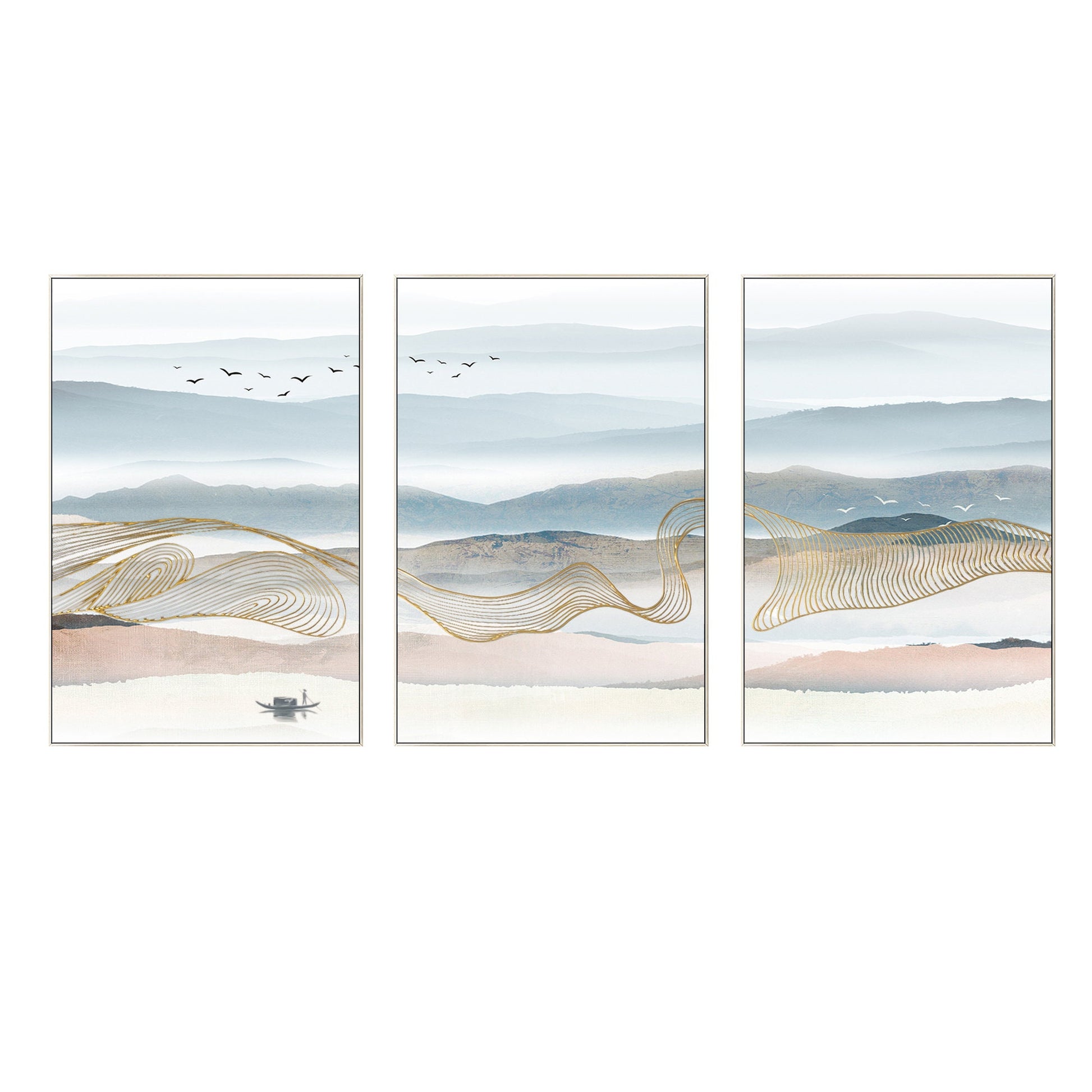 Set of 3 Mountain Canvas Painting: Gold Line Abstract Landscape Wall Art #8