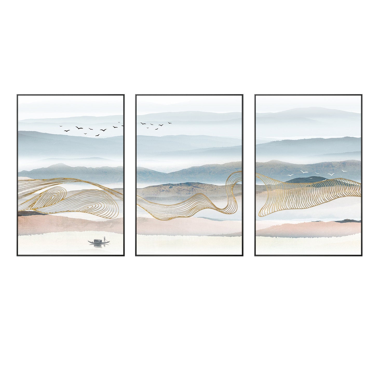 Set of 3 Mountain Canvas Painting: Gold Line Abstract Landscape Wall Art #9