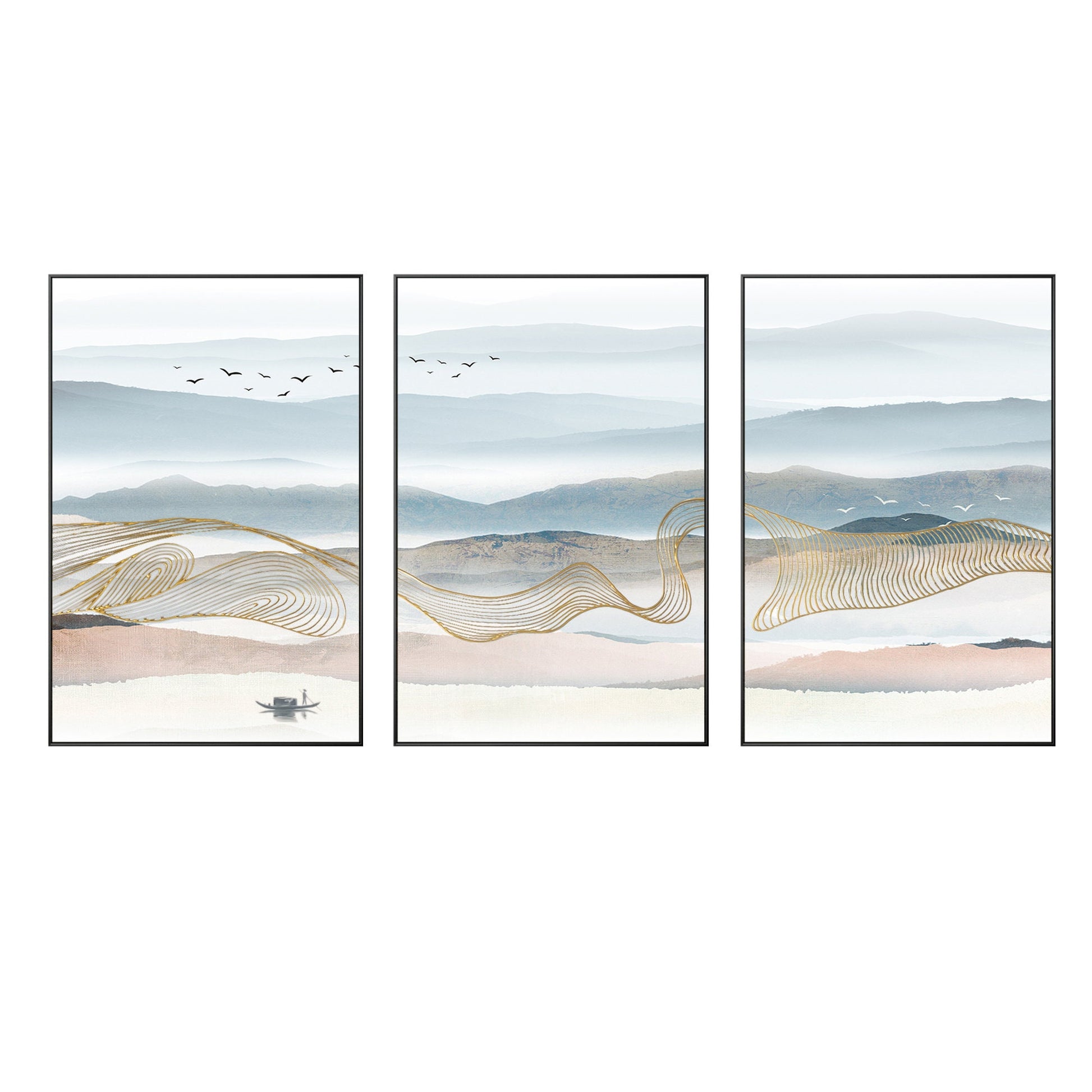 Set of 3 Mountain Canvas Painting: Gold Line Abstract Landscape Wall Art #9