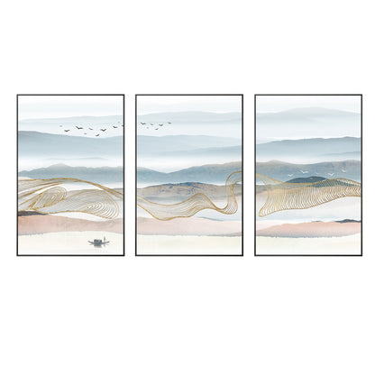 Set of 3 Mountain Canvas Painting: Gold Line Abstract Landscape Wall Art #9