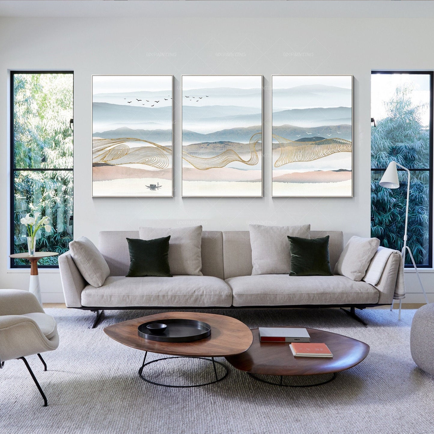 Set of 3 Mountain Canvas Painting: Gold Line Abstract Landscape Wall Art #1