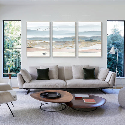 Set of 3 Mountain Canvas Painting: Gold Line Abstract Landscape Wall Art #1