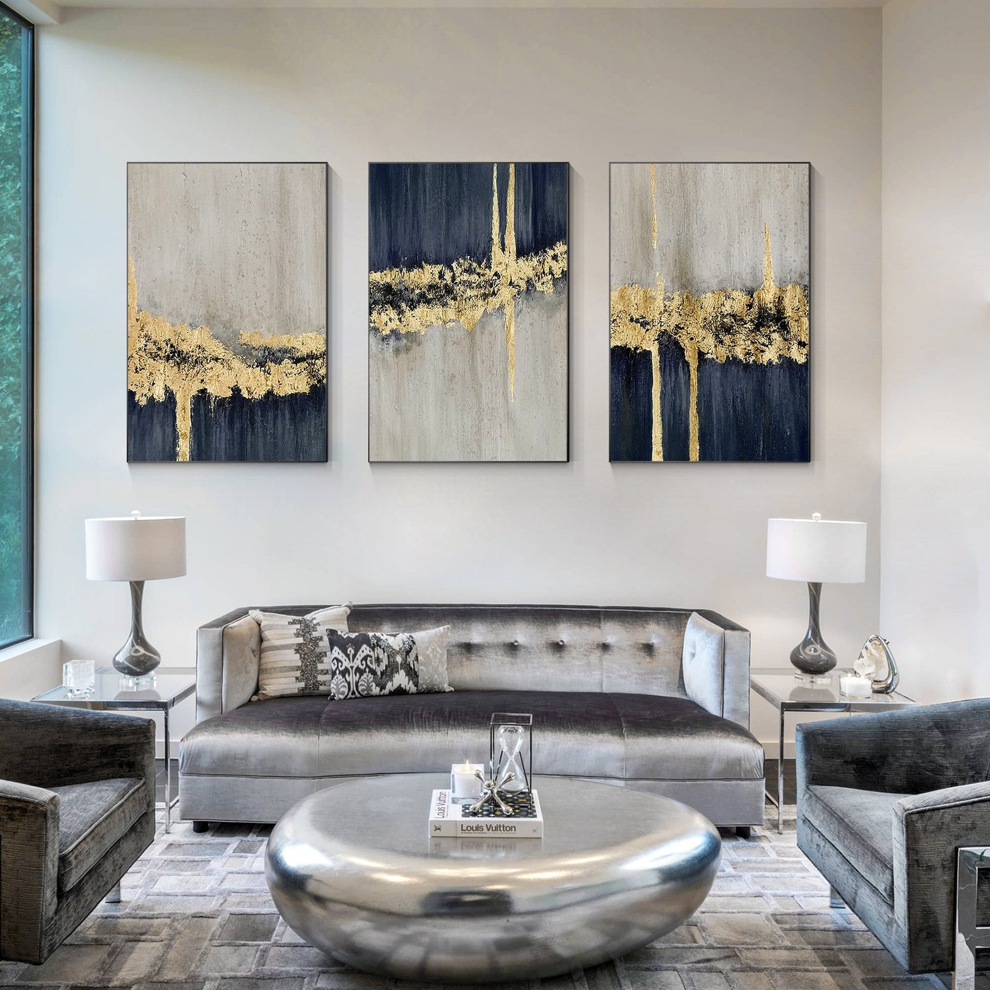 Set of 3 Navy Blue Gold Leaf Texutred Abstract Wall Art, Dark Blue Gray Painting #2