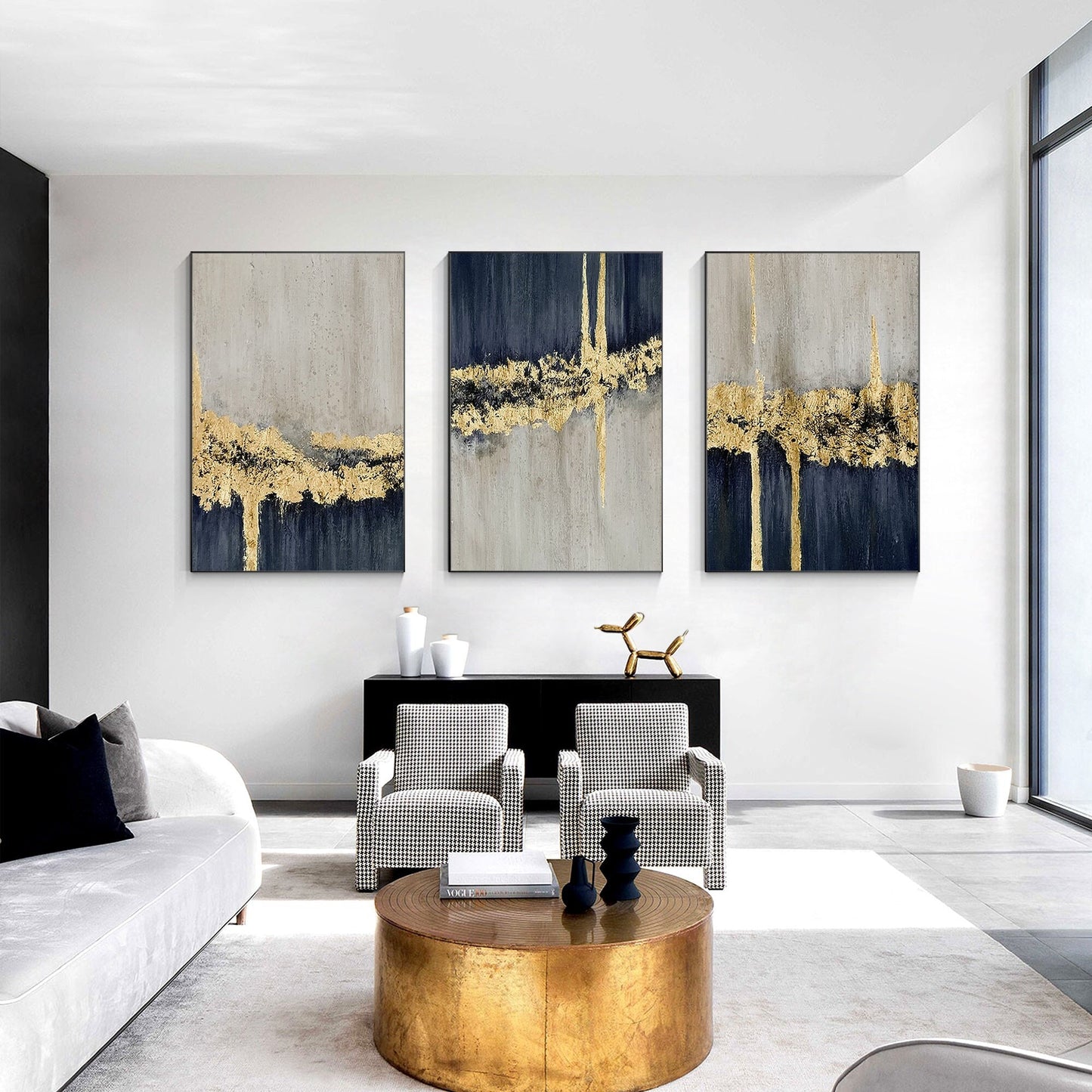 Set of 3 Navy Blue Gold Leaf Texutred Abstract Wall Art, Dark Blue Gray Painting #3