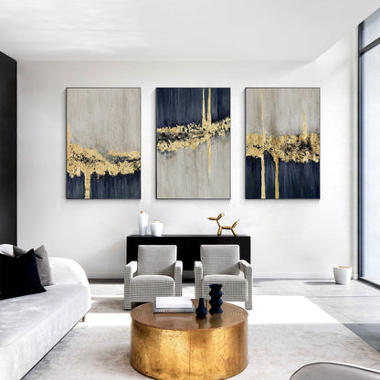 Set of 3 Navy Blue Gold Leaf Texutred Abstract Wall Art, Dark Blue Gray Painting #3