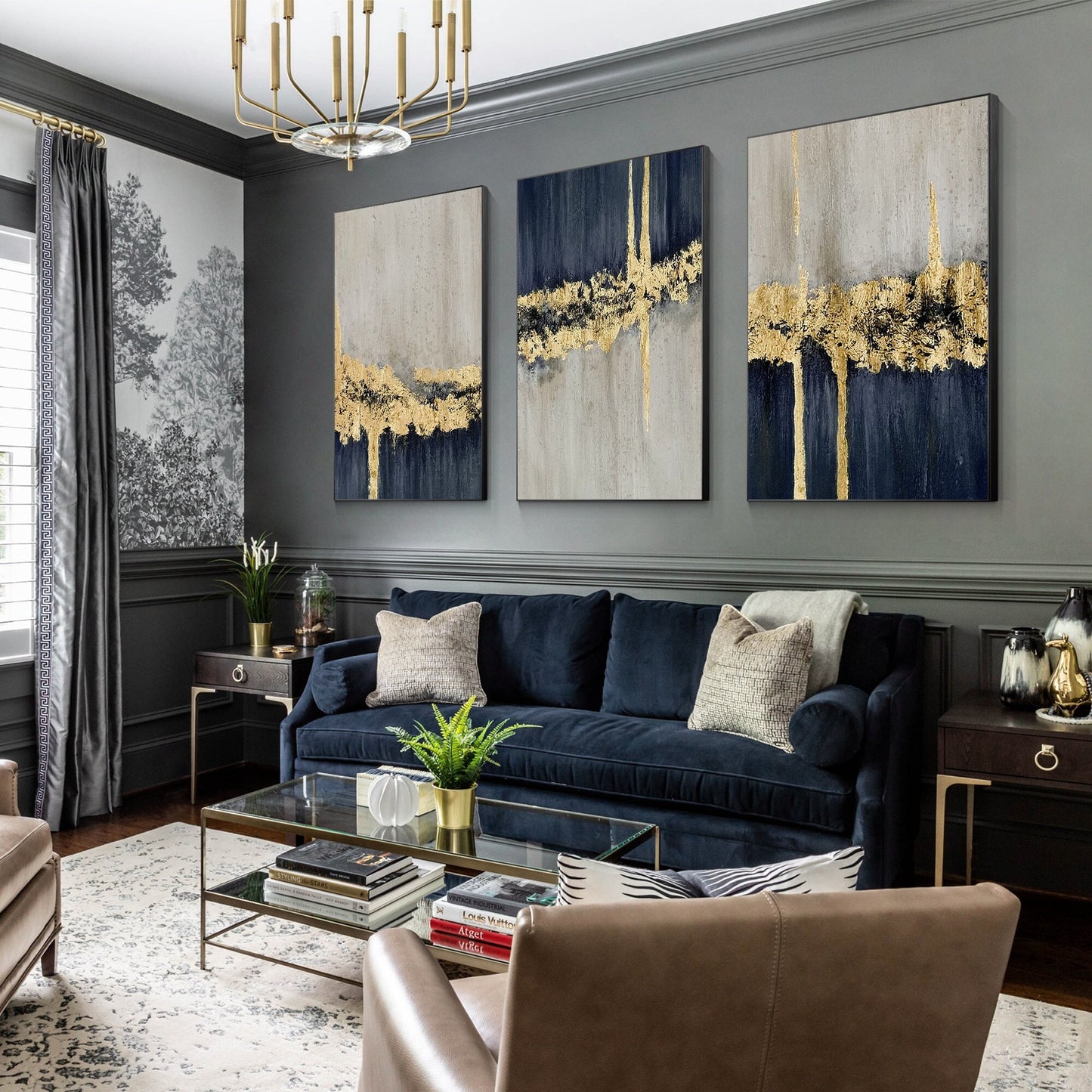 Set of 3 Navy Blue Gold Leaf Texutred Abstract Wall Art, Dark Blue Gray Painting #4