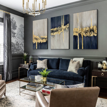 Set of 3 Navy Blue Gold Leaf Texutred Abstract Wall Art, Dark Blue Gray Painting #4