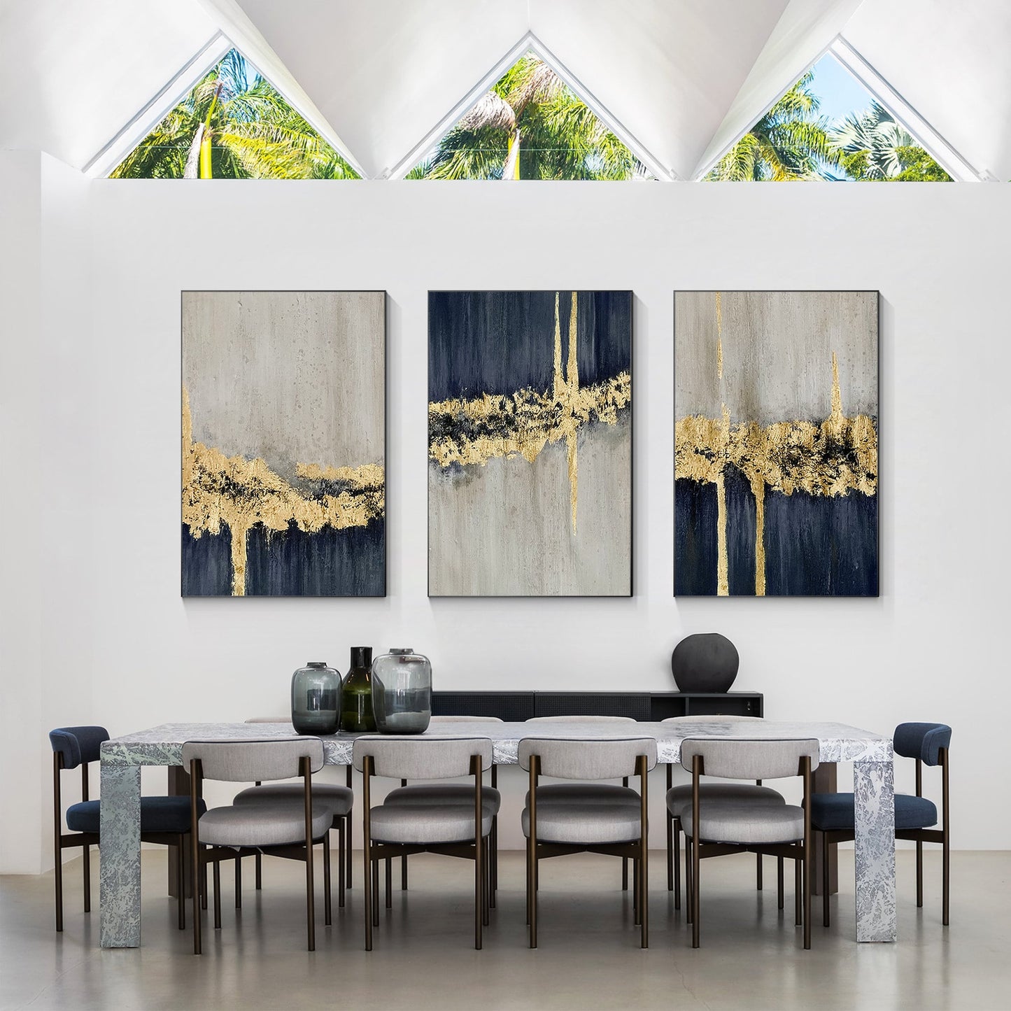 Set of 3 Navy Blue Gold Leaf Texutred Abstract Wall Art, Dark Blue Gray Painting #5