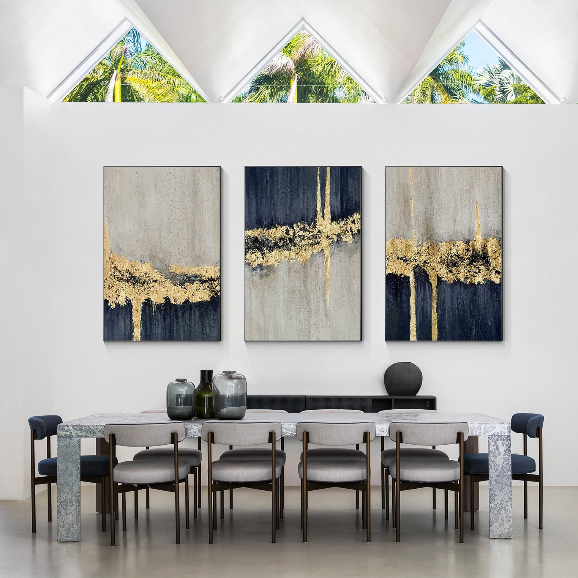 Set of 3 Navy Blue Gold Leaf Texutred Abstract Wall Art, Dark Blue Gray Painting #5