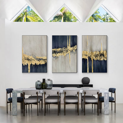 Set of 3 Navy Blue Gold Leaf Texutred Abstract Wall Art, Dark Blue Gray Painting #5
