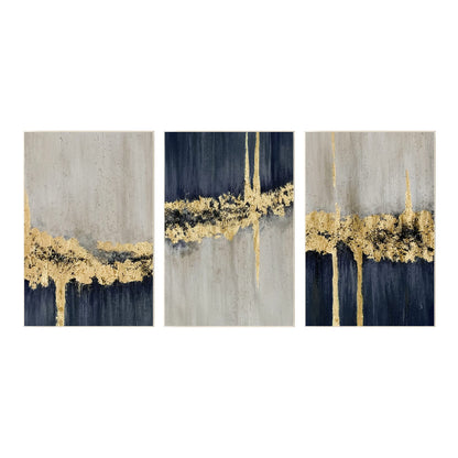 Set of 3 Navy Blue Gold Leaf Texutred Abstract Wall Art, Dark Blue Gray Painting #10