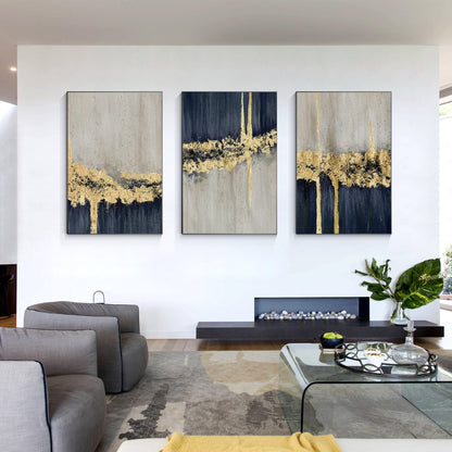 Set of 3 Navy Blue Gold Leaf Texutred Abstract Wall Art, Dark Blue Gray Painting #1