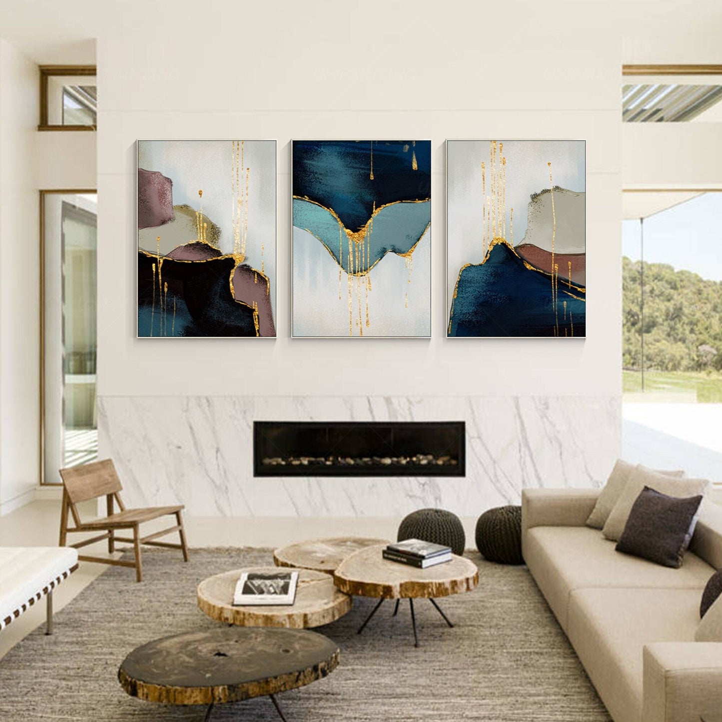 Set of 3 pieces, framed wall art, abstract painting, gold leaf blue, large wall  #2