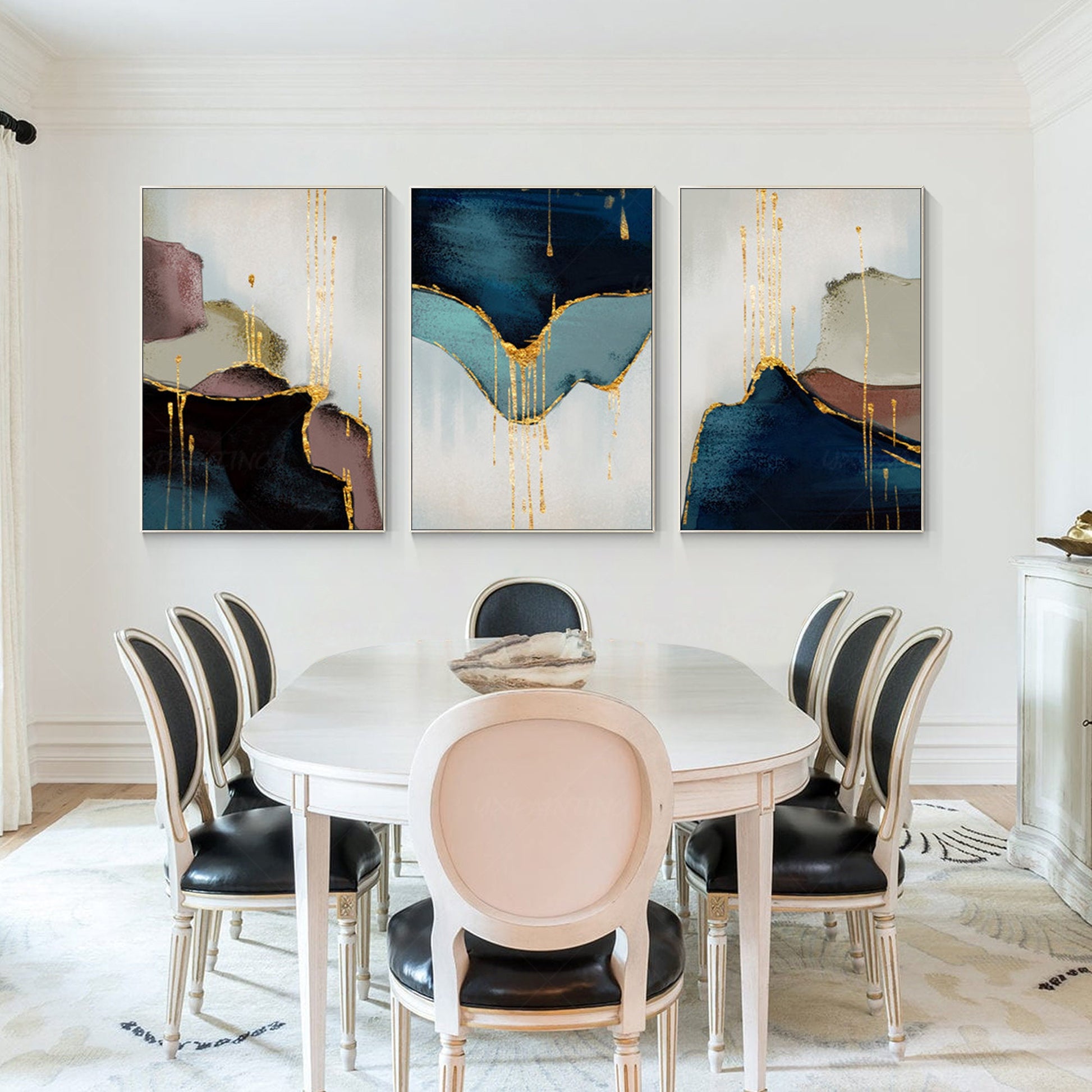 Set of 3 pieces, framed wall art, abstract painting, gold leaf blue, large wall  #3
