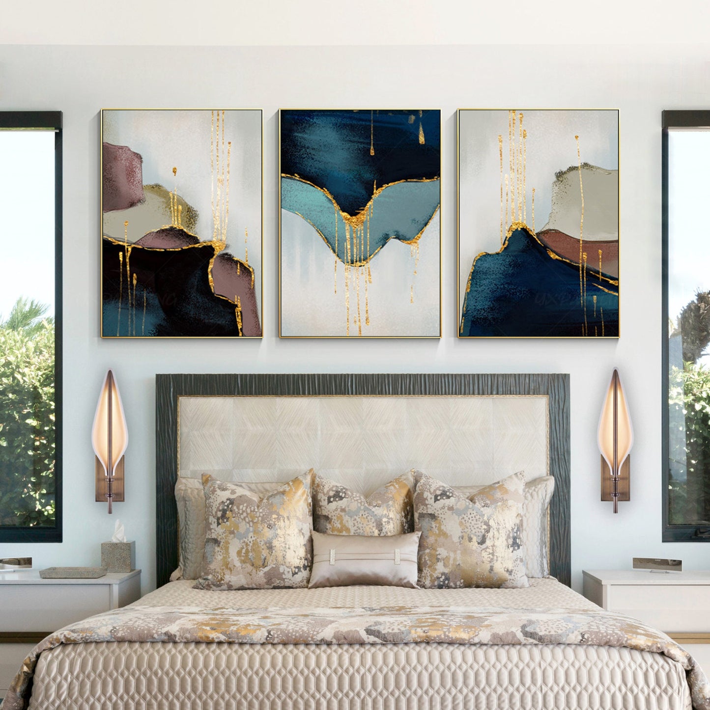 Set of 3 pieces, framed wall art, abstract painting, gold leaf blue, large wall  #5