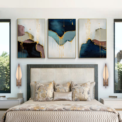 Set of 3 pieces, framed wall art, abstract painting, gold leaf blue, large wall  #5
