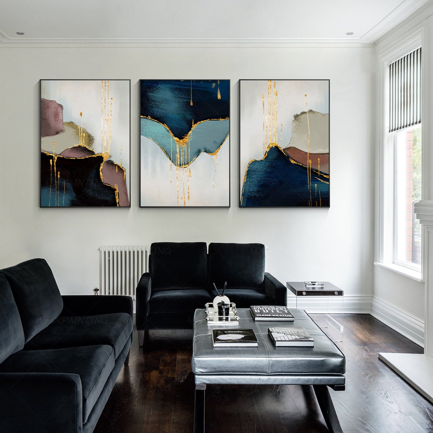 Set of 3 pieces, framed wall art, abstract painting, gold leaf blue, large wall  #6