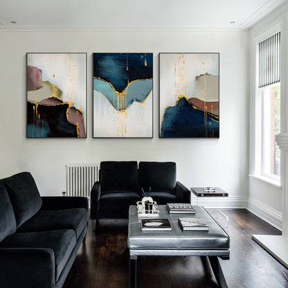 Set of 3 pieces, framed wall art, abstract painting, gold leaf blue, large wall  #6