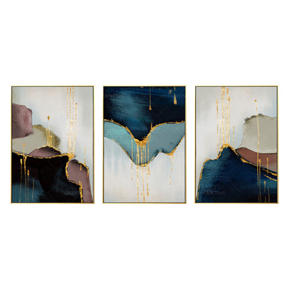 Set of 3 pieces, framed wall art, abstract painting, gold leaf blue, large wall  #8