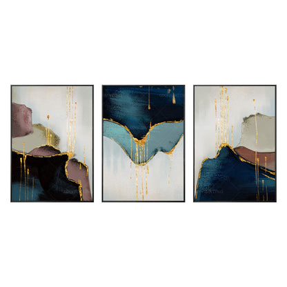 Set of 3 pieces, framed wall art, abstract painting, gold leaf blue, large wall  #10