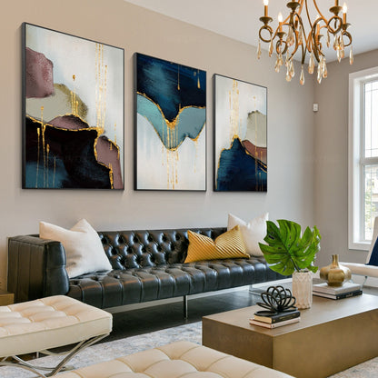 Set of 3 pieces, framed wall art, abstract painting, gold leaf blue, large wall  #1