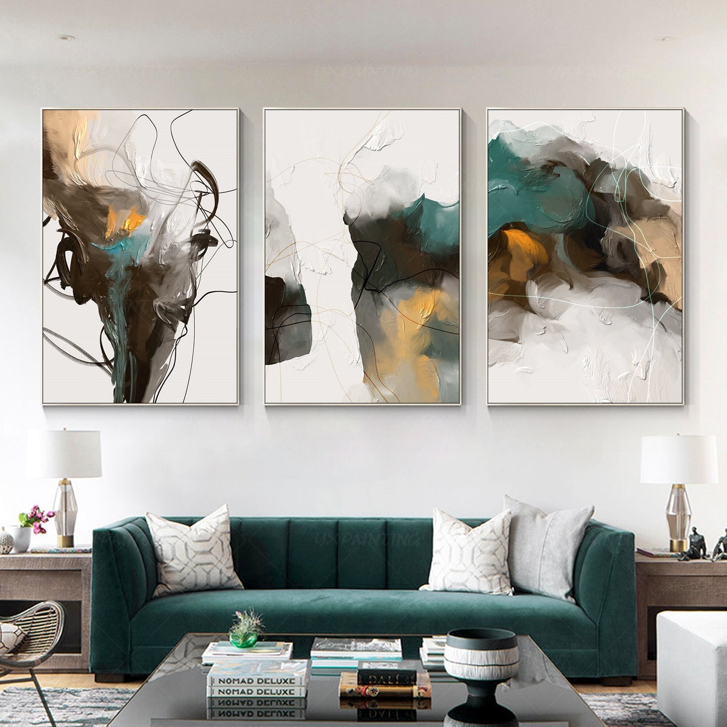 Set of 3 printable wall art abstract painting brown emerald green black print on #2