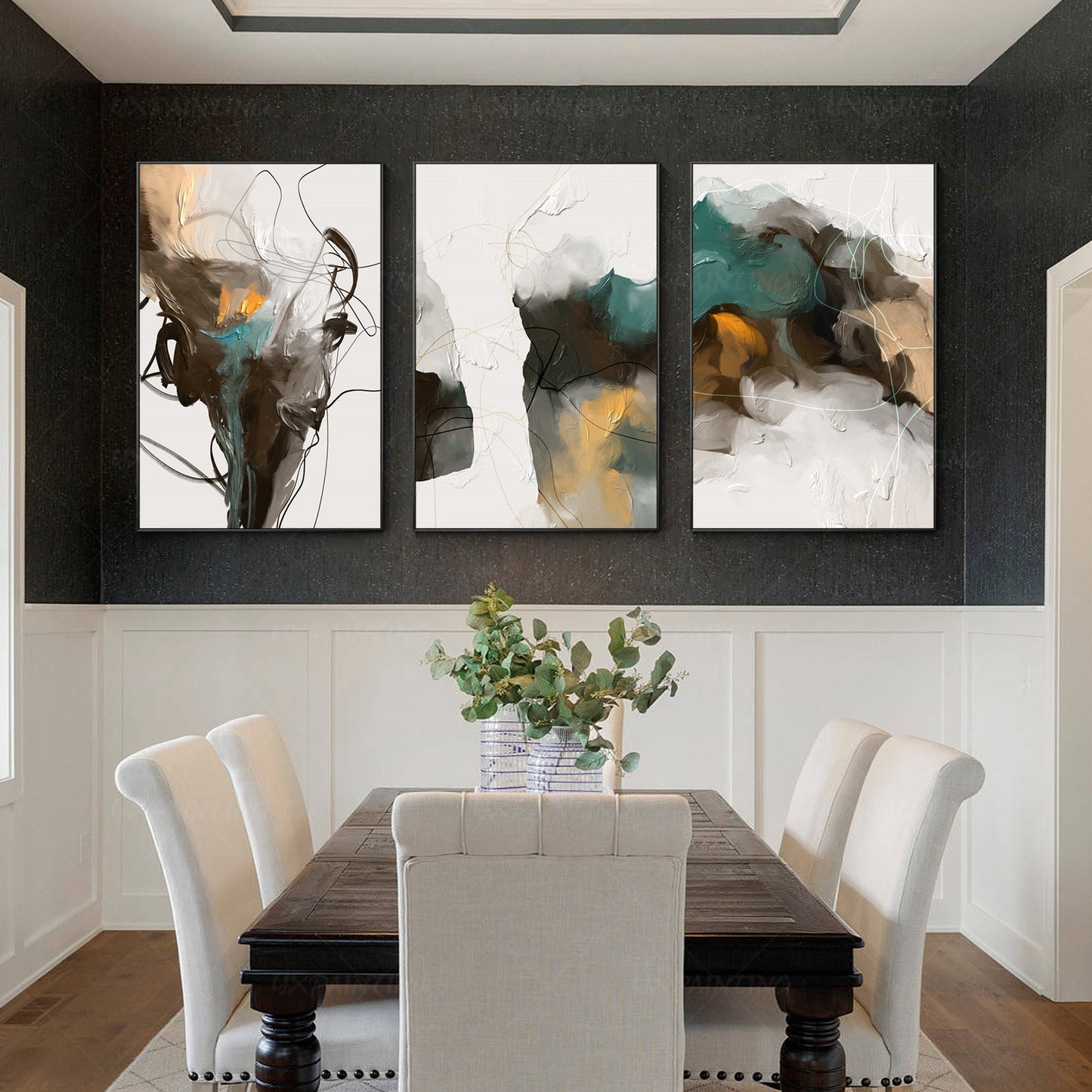 Set of 3 printable wall art abstract painting brown emerald green black print on #3