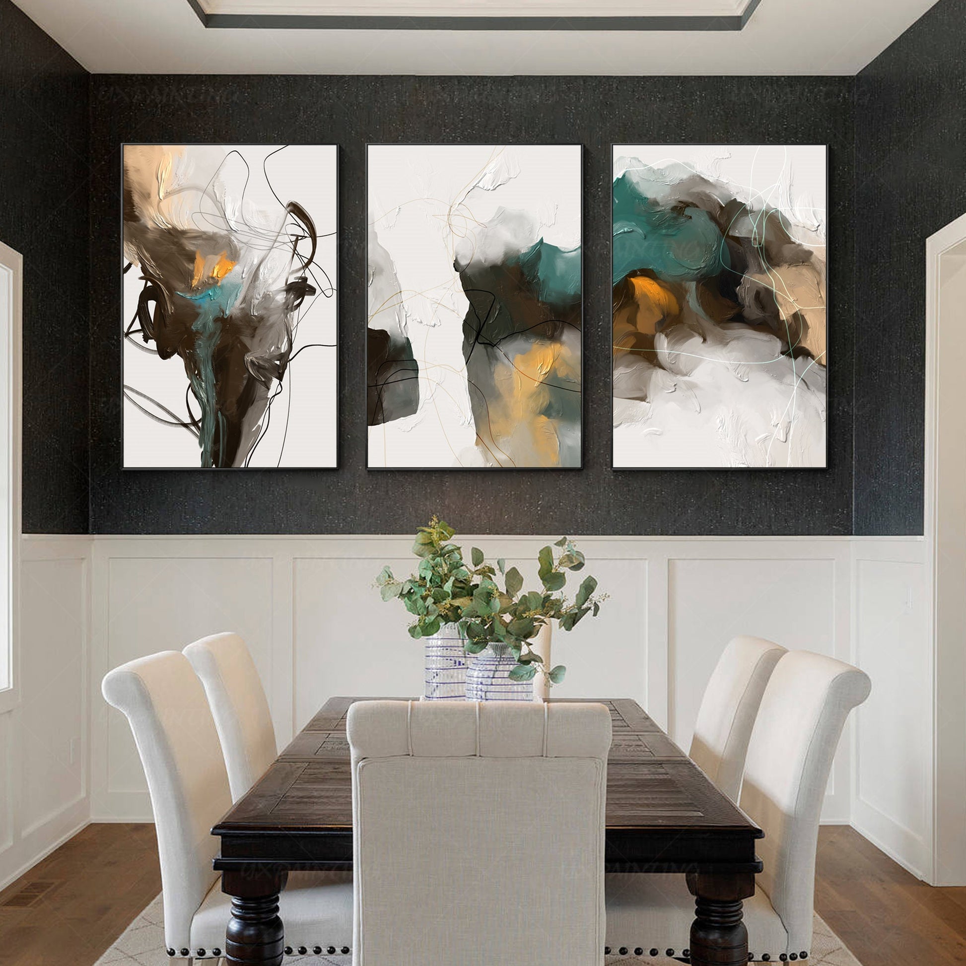 Set of 3 printable wall art abstract painting brown emerald green black print on #3