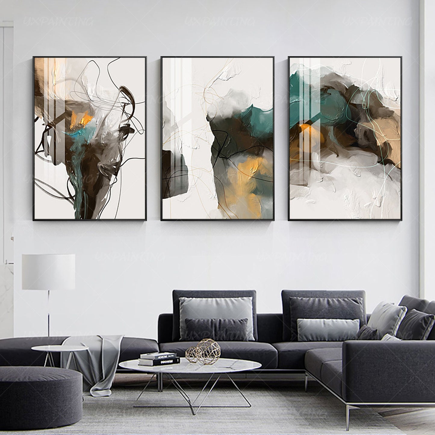 Set of 3 printable wall art abstract painting brown emerald green black print on #1
