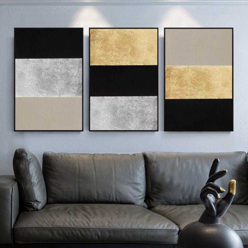 Set of 3 wall art Gold art and silver art Abstract Acrylic Paintings On Canvas g #3