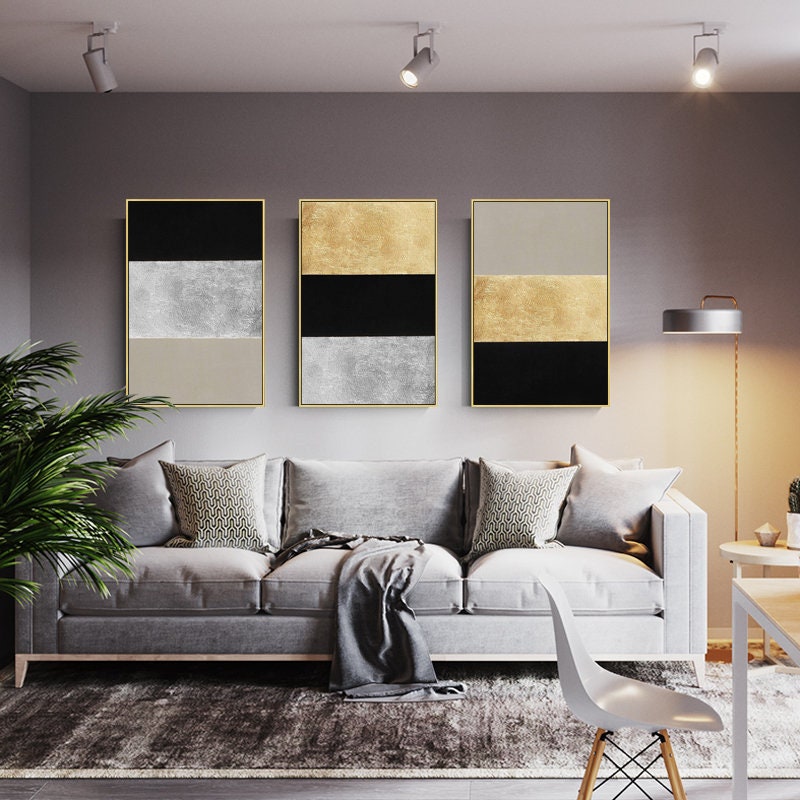 Set of 3 wall art Gold art and silver art Abstract Acrylic Paintings On Canvas g #4