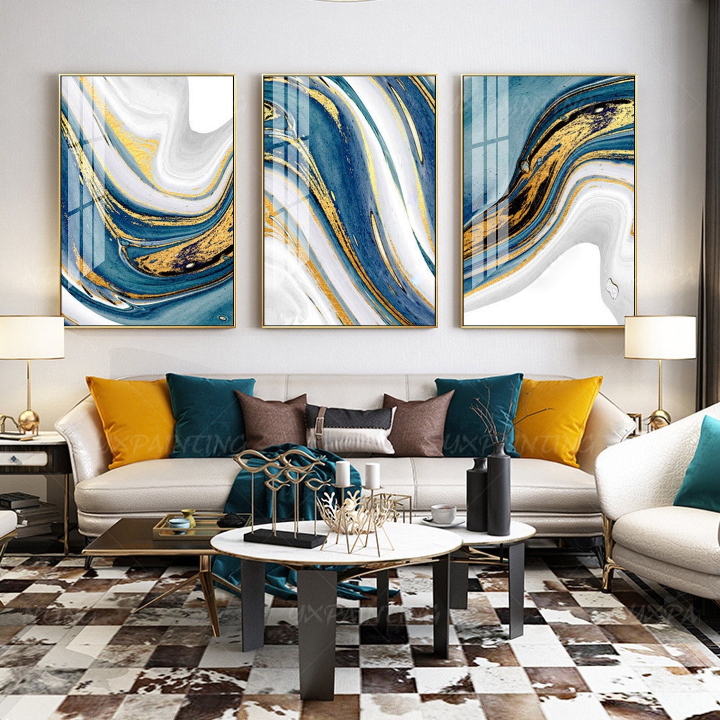 Set of 3 wall art Gold painting light blue wall art abstract wall art wall paint #3