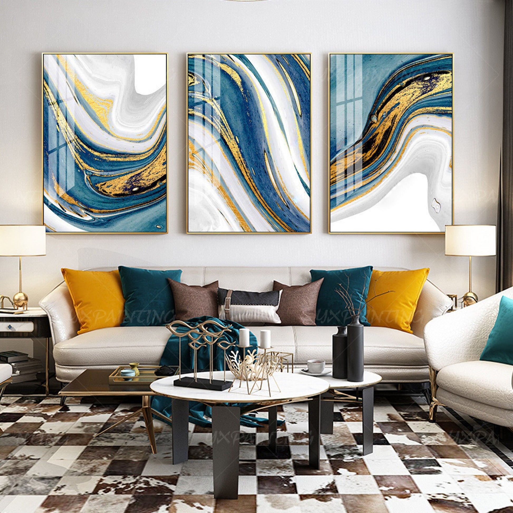 Set of 3 wall art Gold painting light blue wall art abstract wall art wall paint #3