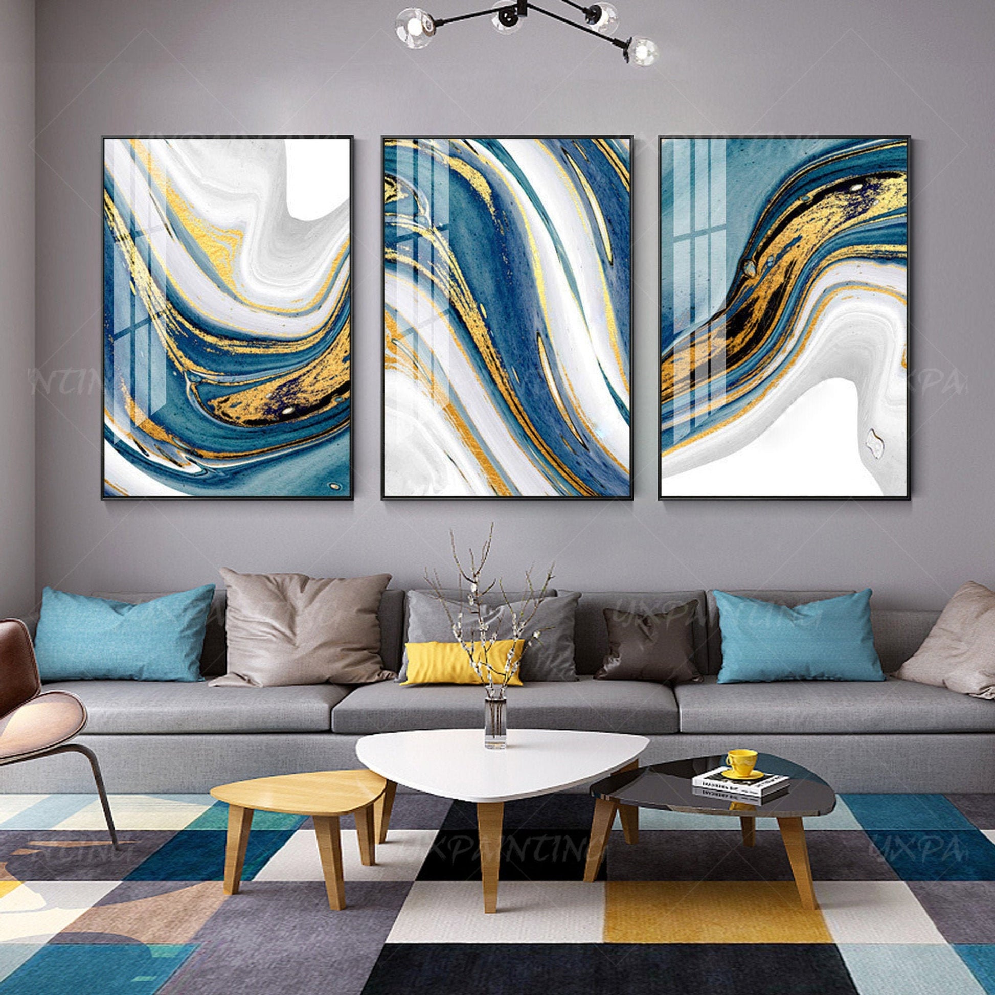 Set of 3 wall art Gold painting light blue wall art abstract wall art wall paint #4
