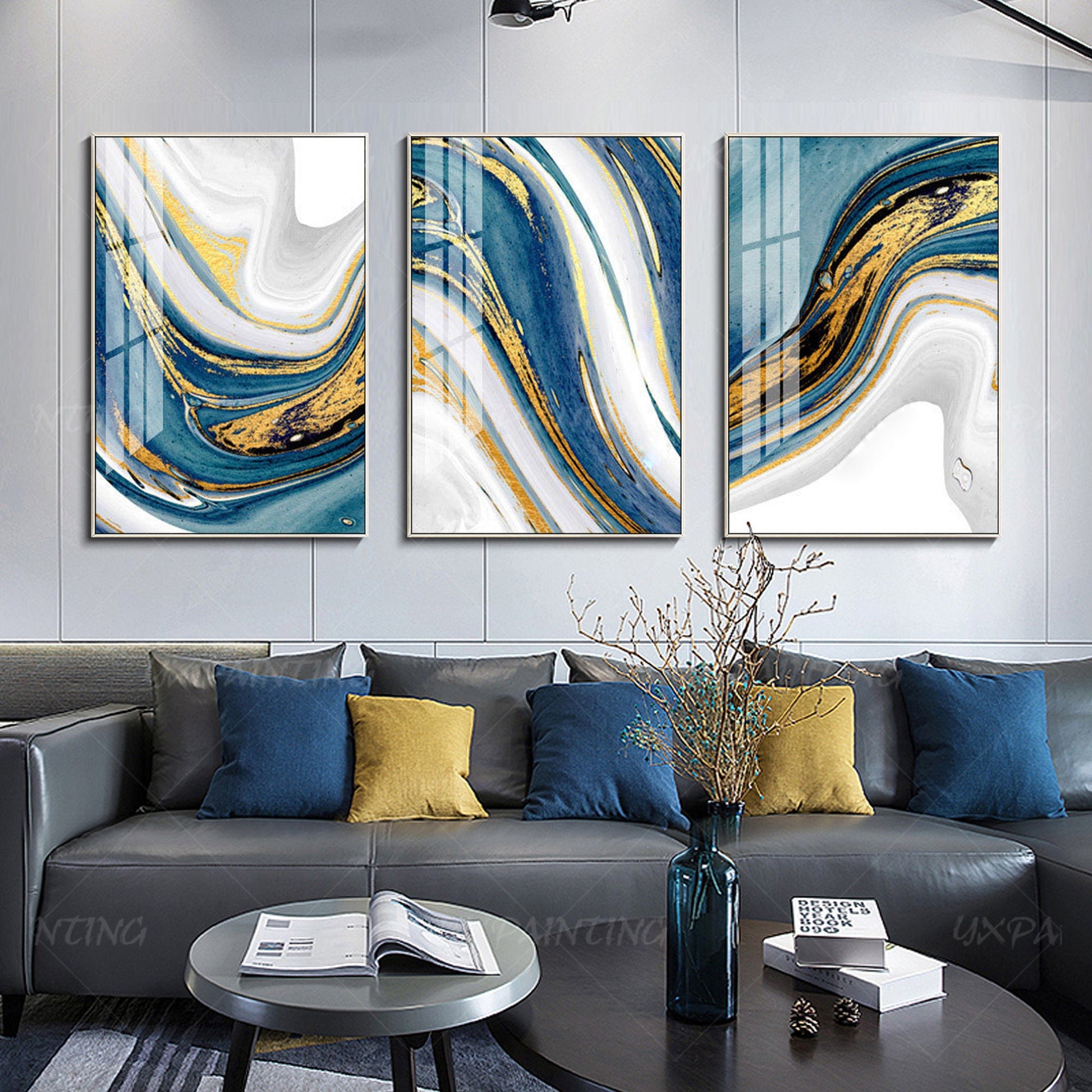Set of 3 wall art Gold painting light blue wall art abstract wall art wall paint #5