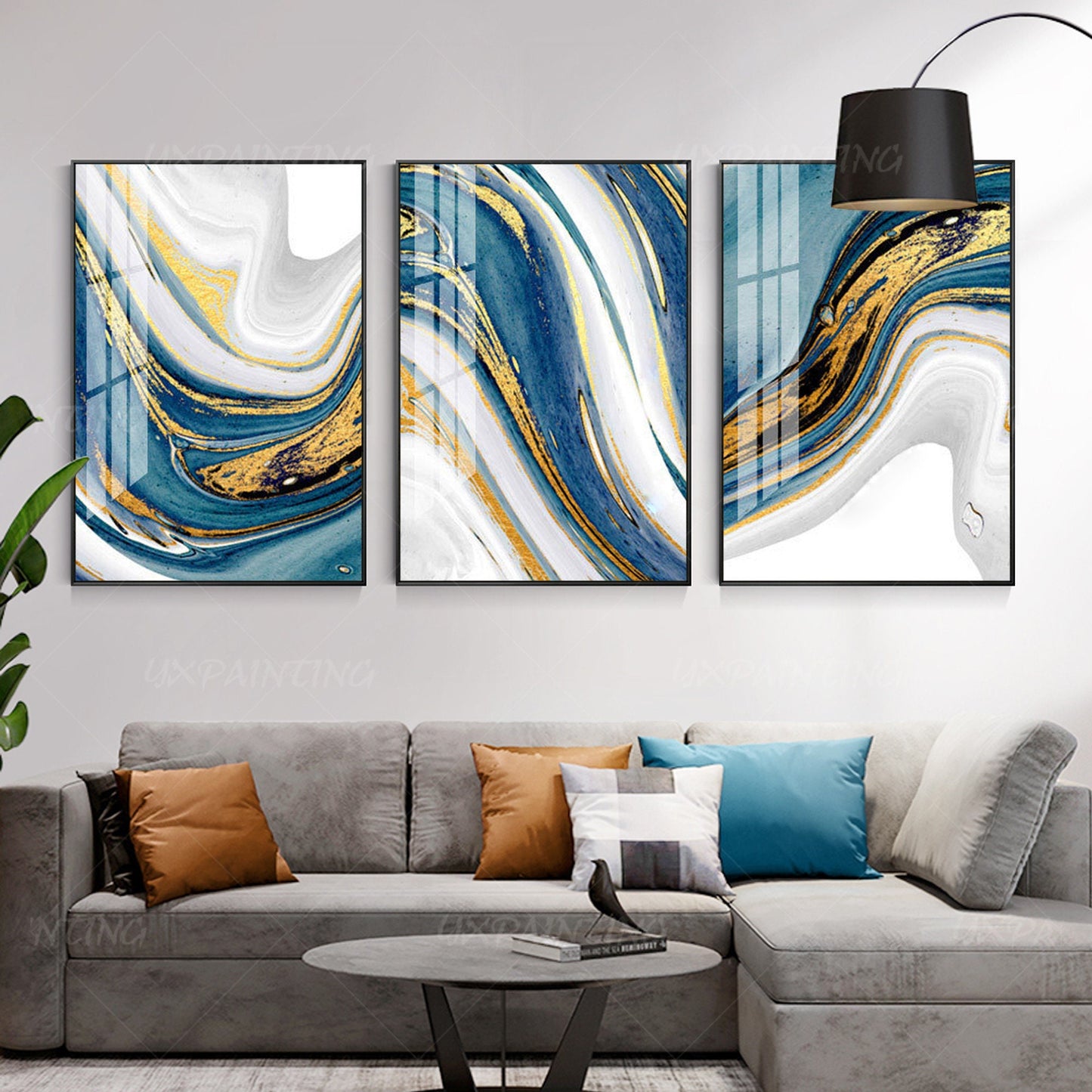 Set of 3 wall art Gold painting light blue wall art abstract wall art wall paint #6