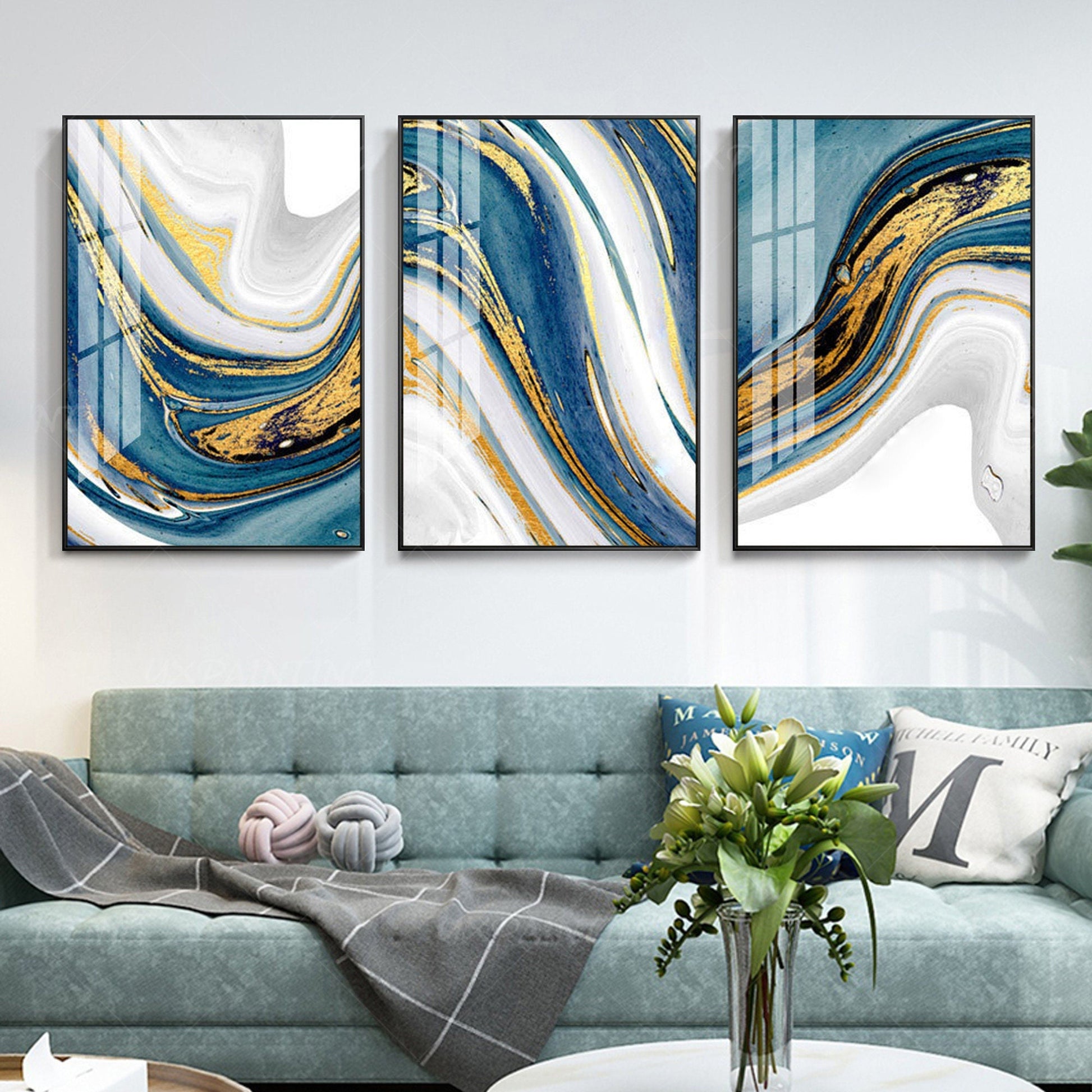 Set of 3 wall art Gold painting light blue wall art abstract wall art wall paint #1