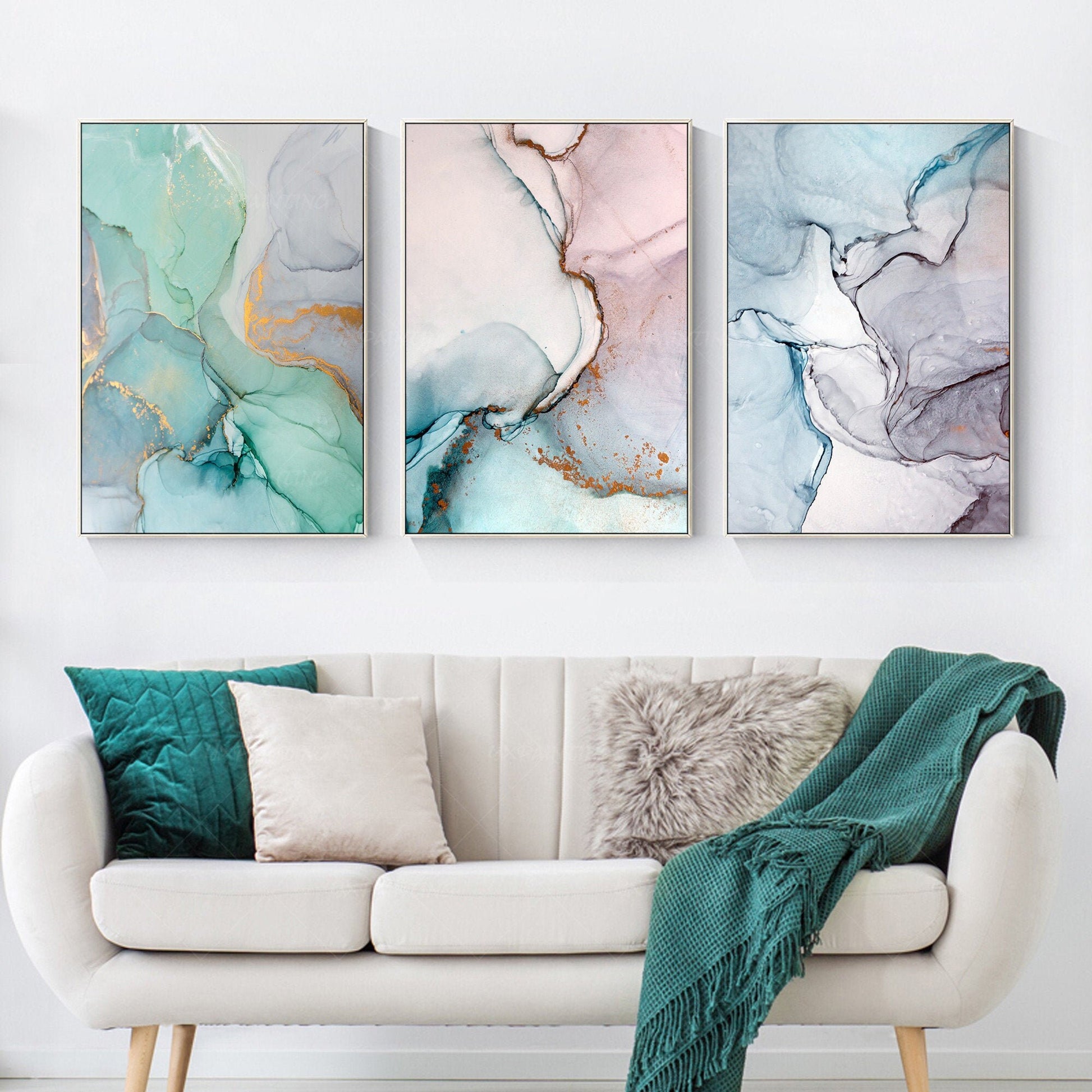Set of 3 wall art prints geometric gold abstract printable framed painting coral #2