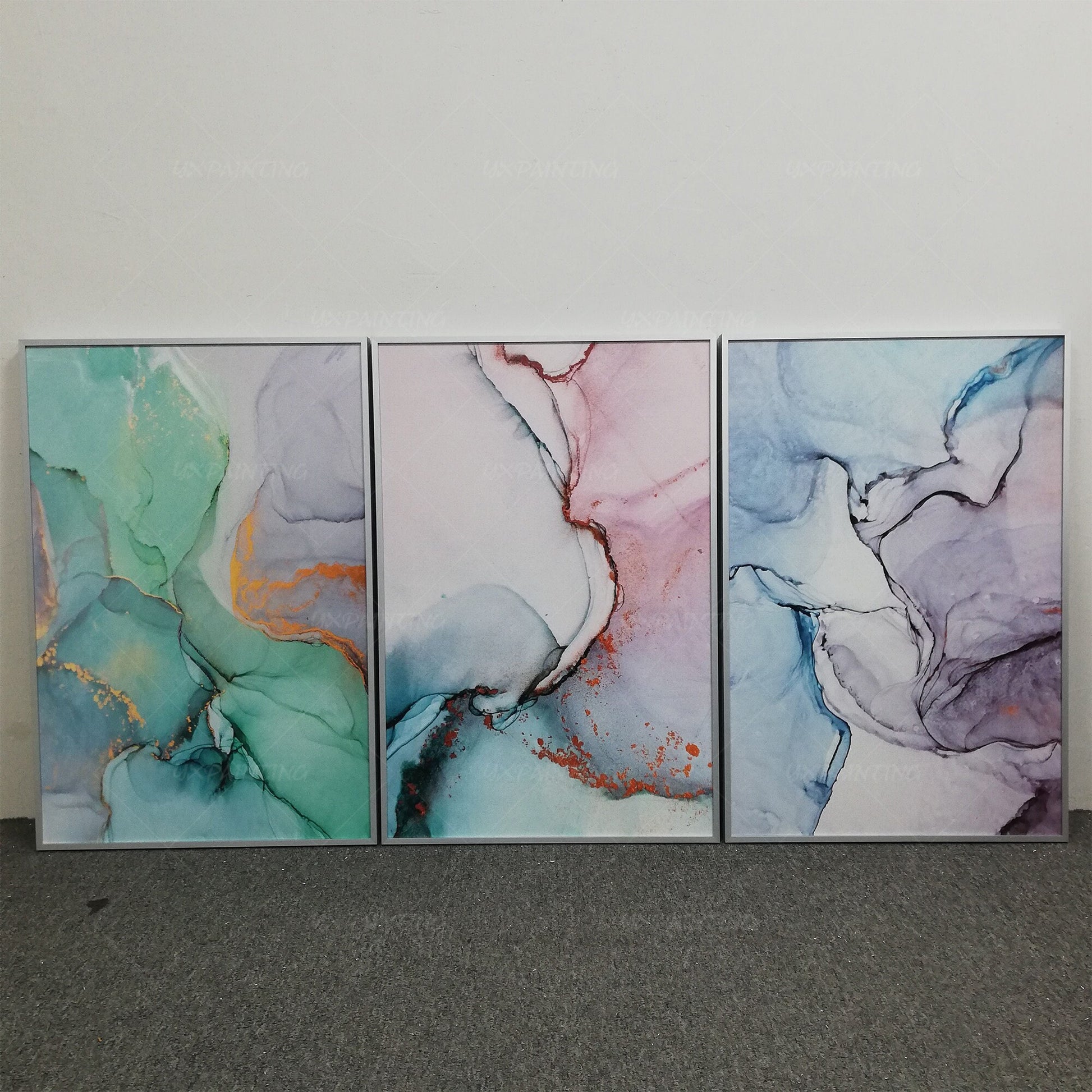Set of 3 wall art prints geometric gold abstract printable framed painting coral #3