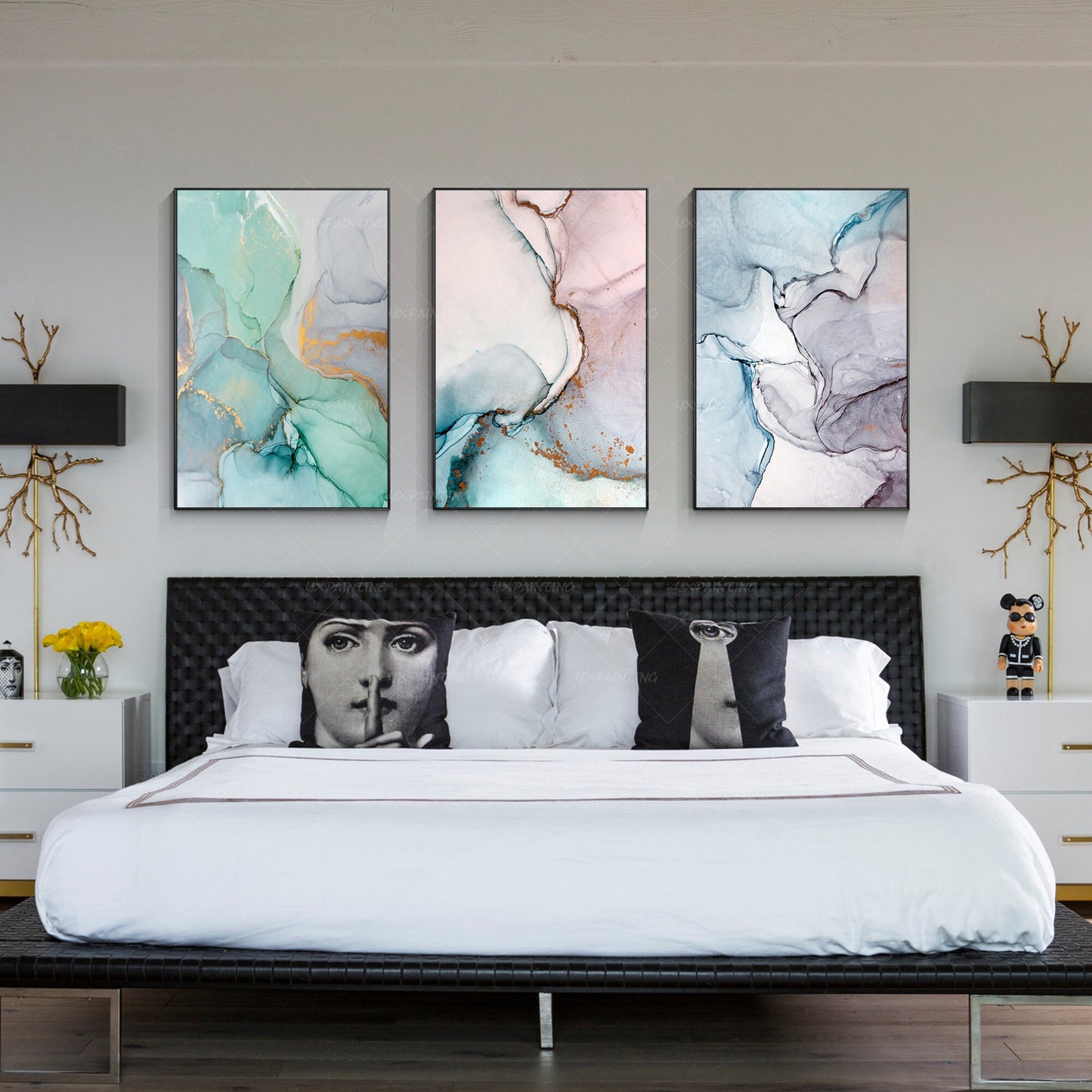 Set of 3 wall art prints geometric gold abstract printable framed painting coral #4