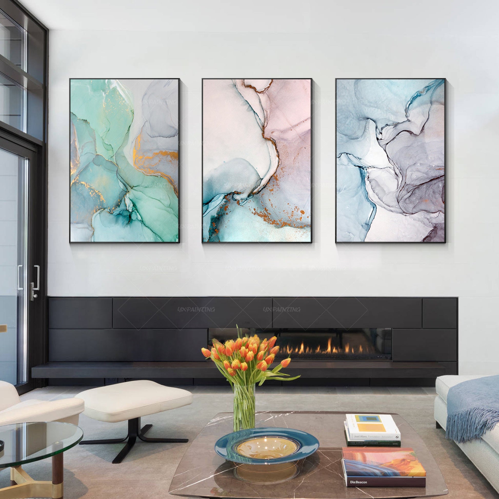 Set of 3 wall art prints geometric gold abstract printable framed painting coral #6