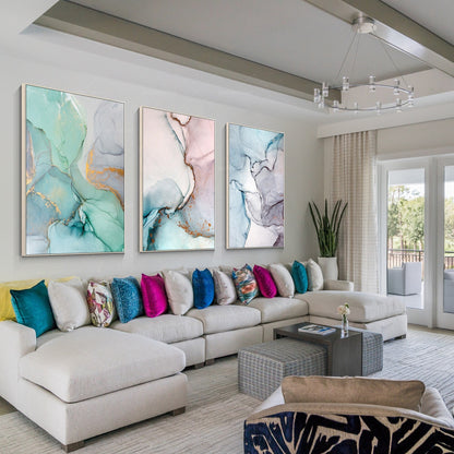 Set of 3 wall art prints geometric gold abstract printable framed painting coral #1