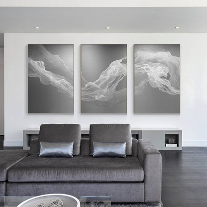 Set of 3 White Fog Painting, Ribbon Abstract Painting on Canvas, Livingroom Loun #2