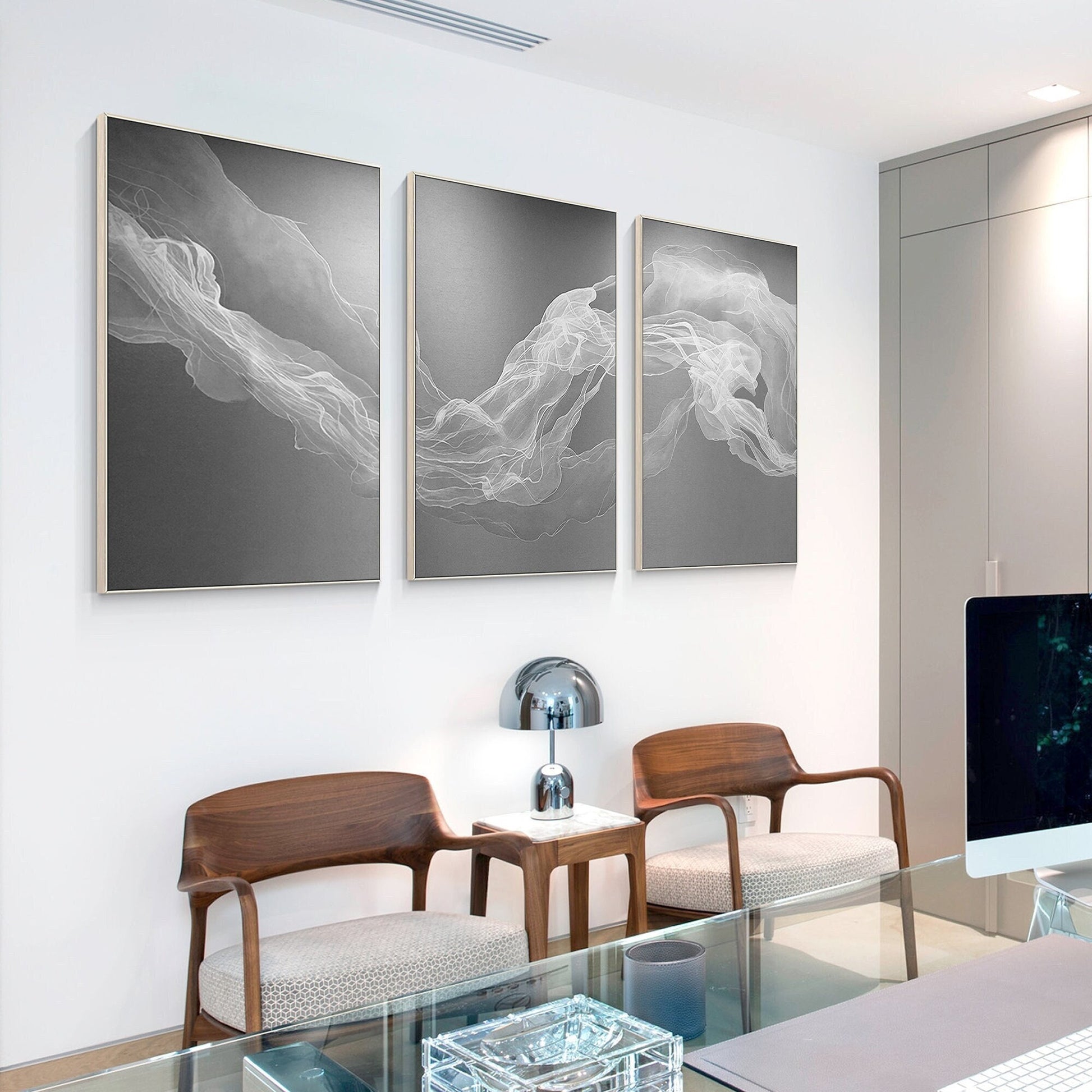 Set of 3 White Fog Painting, Ribbon Abstract Painting on Canvas, Livingroom Loun #3