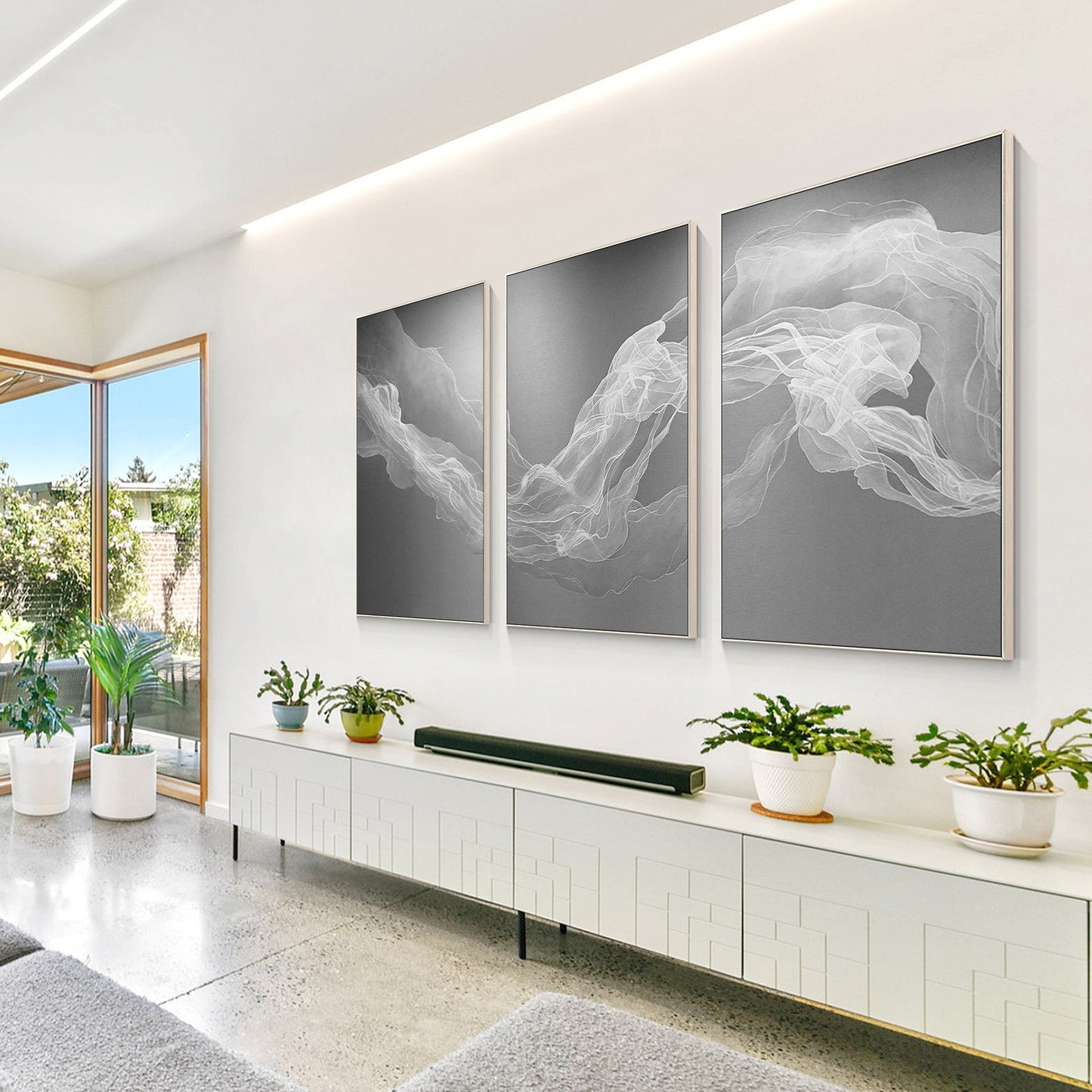 Set of 3 White Fog Painting, Ribbon Abstract Painting on Canvas, Livingroom Loun #4