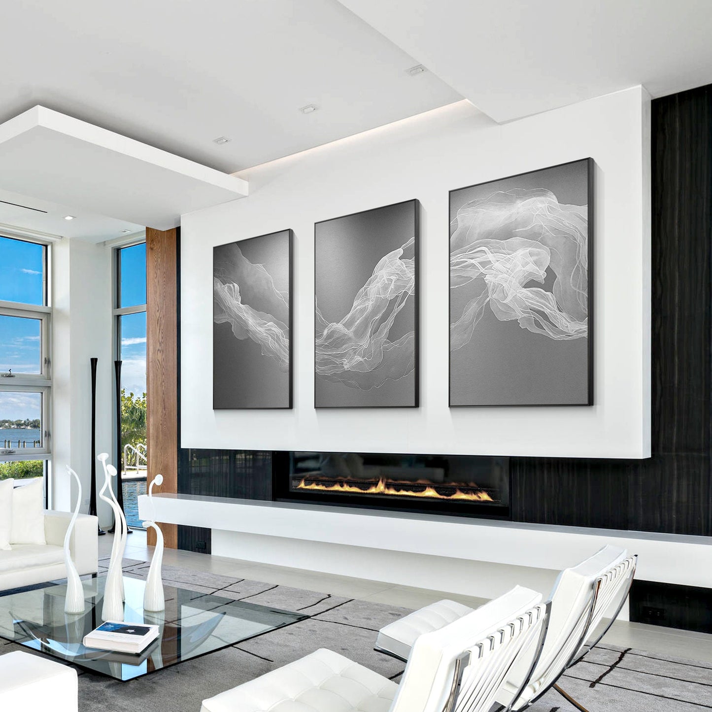Set of 3 White Fog Painting, Ribbon Abstract Painting on Canvas, Livingroom Loun #5