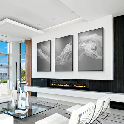Set of 3 White Fog Painting, Ribbon Abstract Painting on Canvas, Livingroom Loun #5
