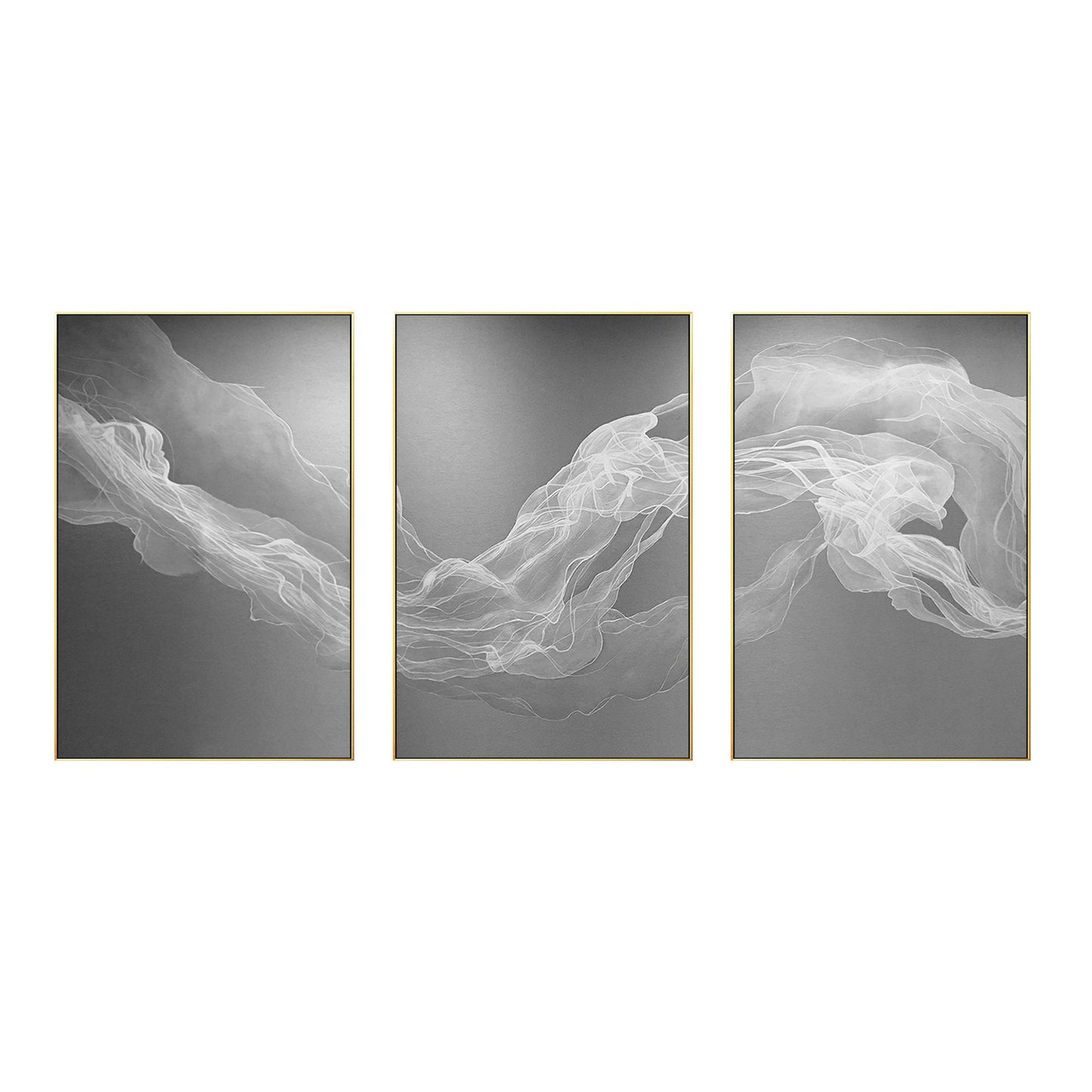 Set of 3 White Fog Painting, Ribbon Abstract Painting on Canvas, Livingroom Loun #7