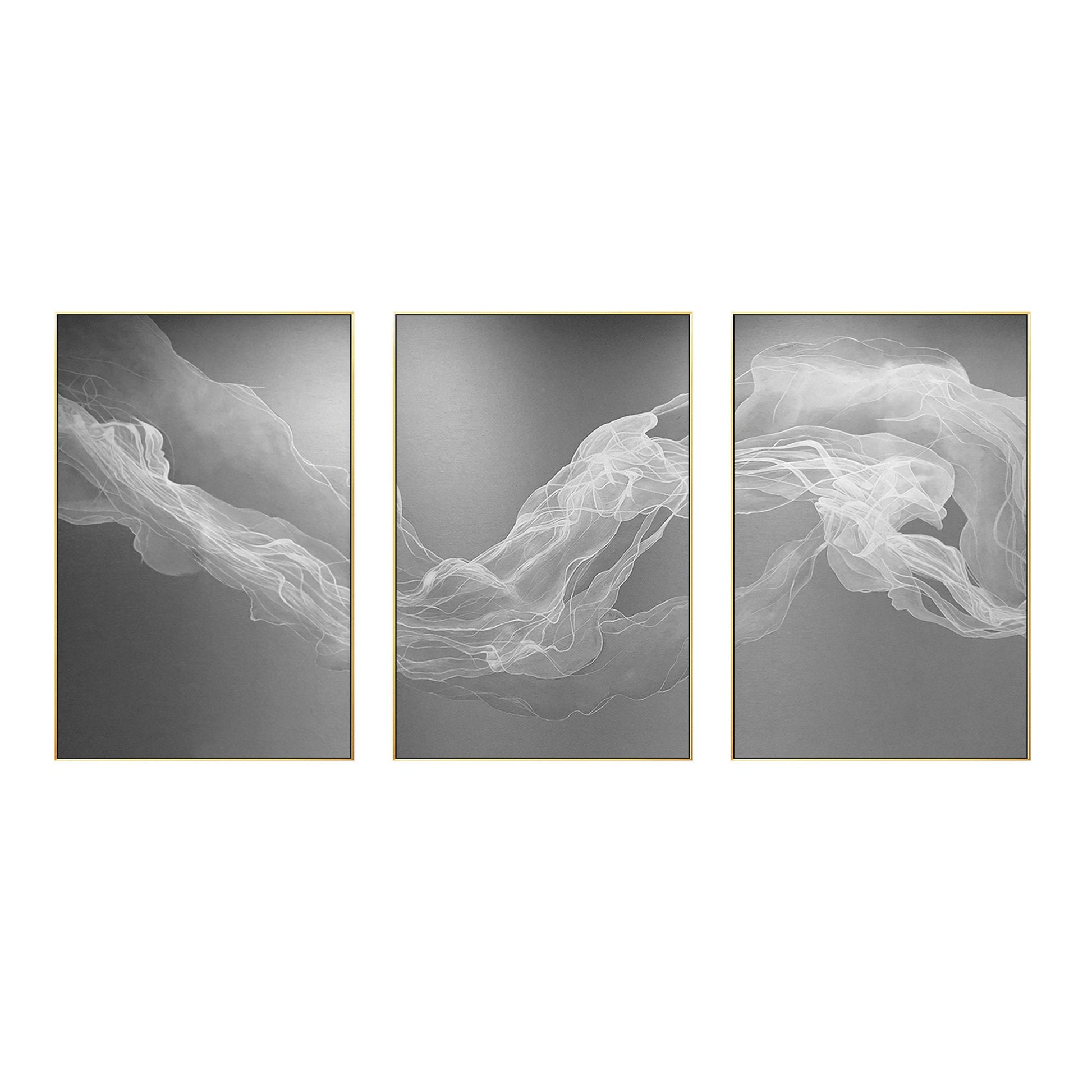 Set of 3 White Fog Painting, Ribbon Abstract Painting on Canvas, Livingroom Loun #7