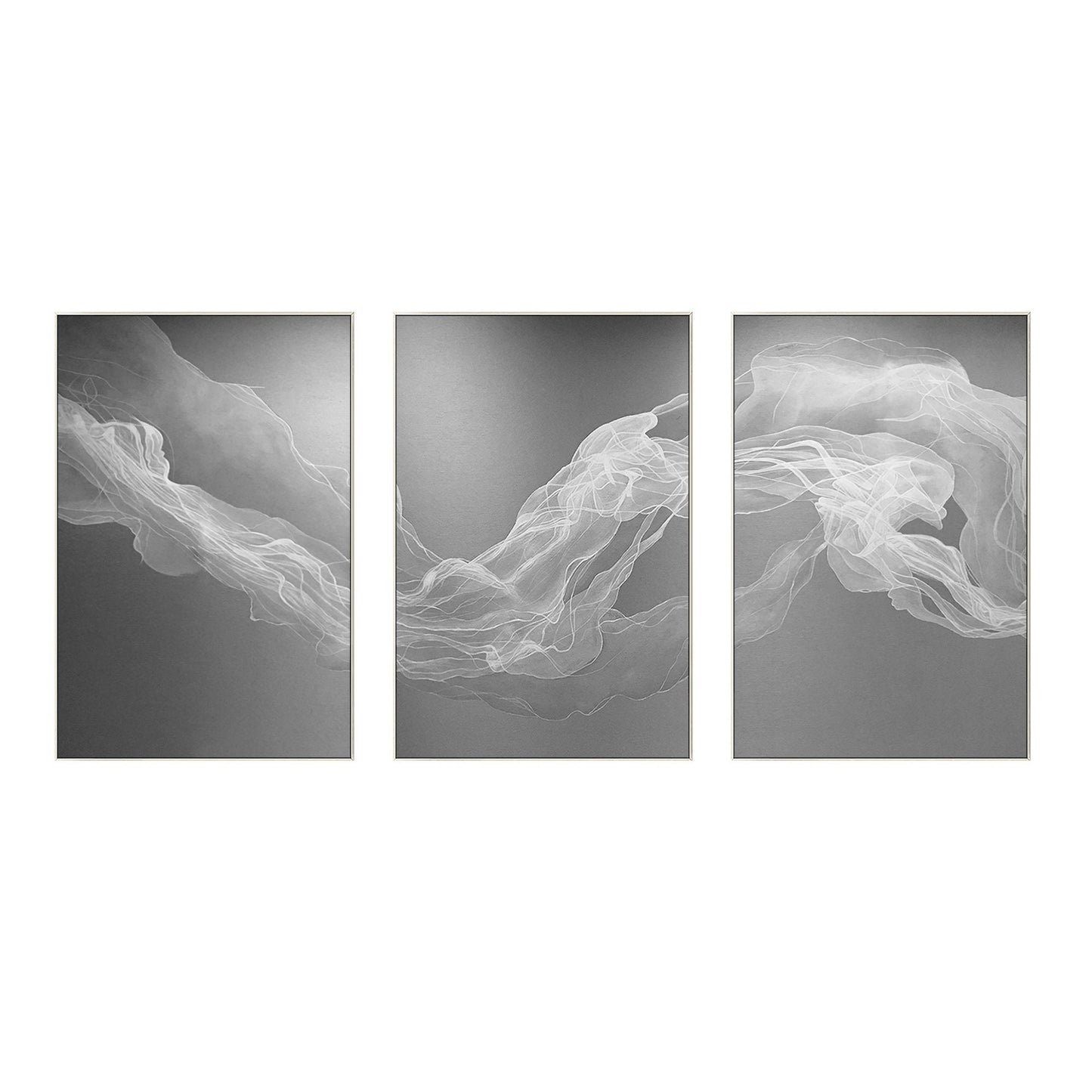 Set of 3 White Fog Painting, Ribbon Abstract Painting on Canvas, Livingroom Loun #8